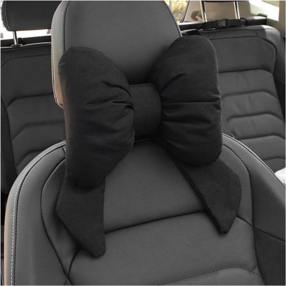 1 Cute Black Bow Car Headrest Pillow, Comfortable & Breathable Car Neck Pillow